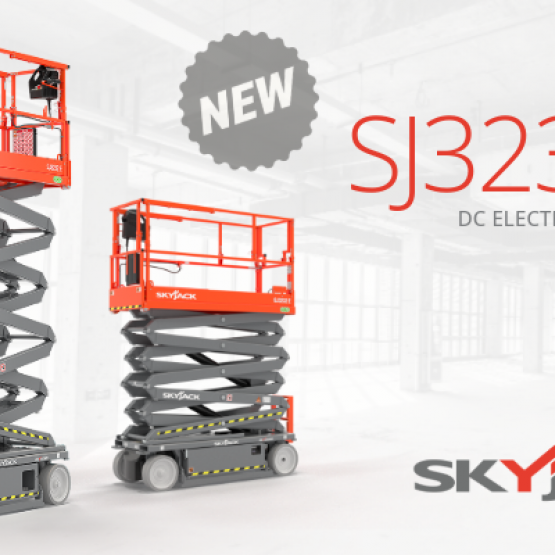 Graphic showcasing Skyjack's SJ3232 E electric scissor lifts.