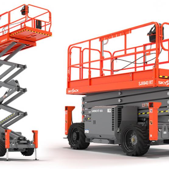 SJ6940 RT rough terrain scissor lifts in action.