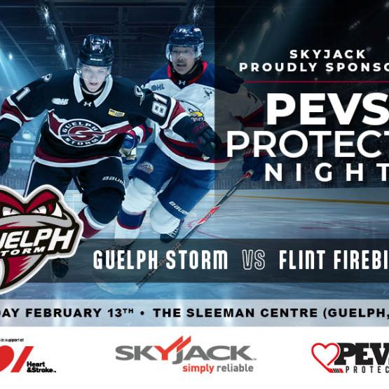 Graphic highlighting Skyjack's sponsorship of Guelph Storm's PEVS PROTECTS Night.
